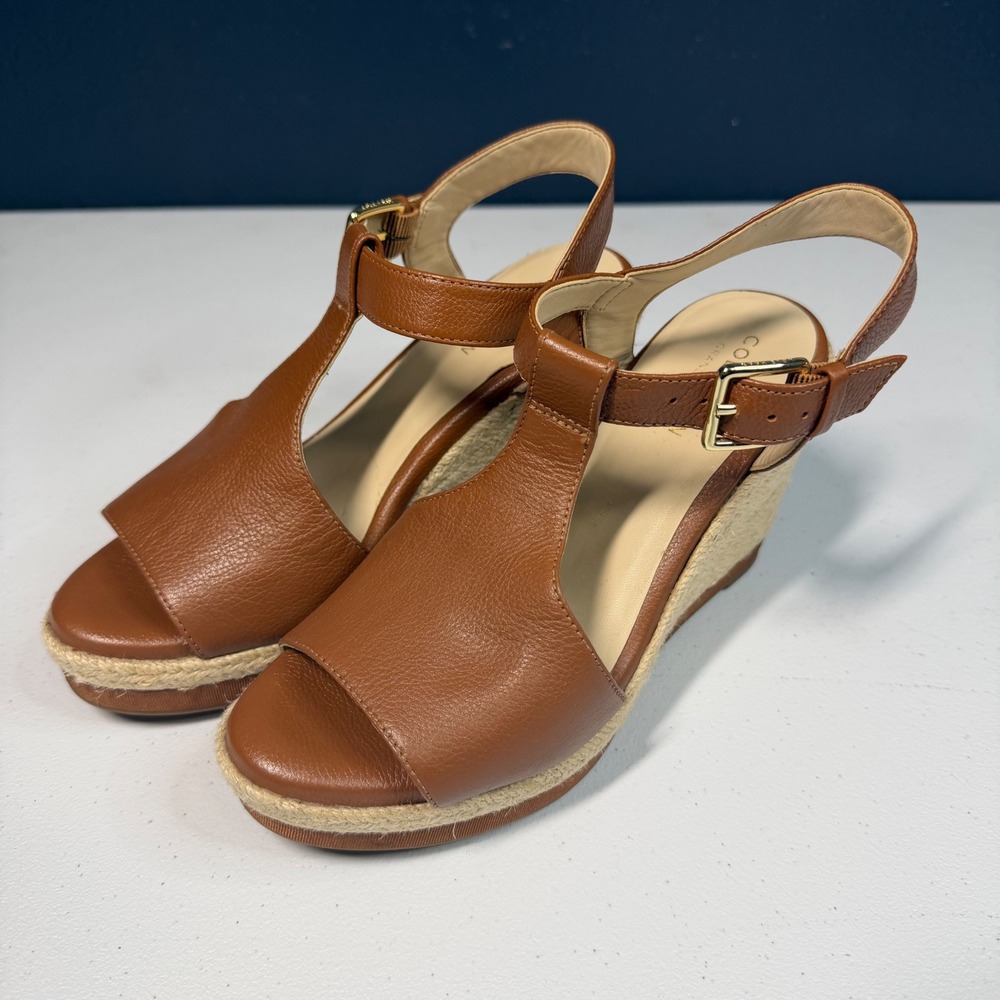 Cole Haan T-Strap Wedge Sandals 5.5W Brown Leather Espadrille - Picture 2 of 9